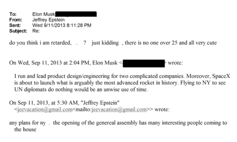 Email correspondence between Jeffrey Epstein and Elon Musk discussing age and professional matters, dated September 11, 2013.